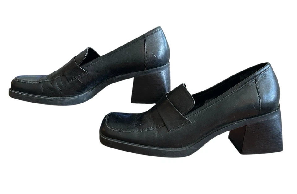 Nine West 一脚蹬高跟鞋皮革乐福鞋女式 9 码黑色厚底高跟鞋 — 第 3/4 张图片