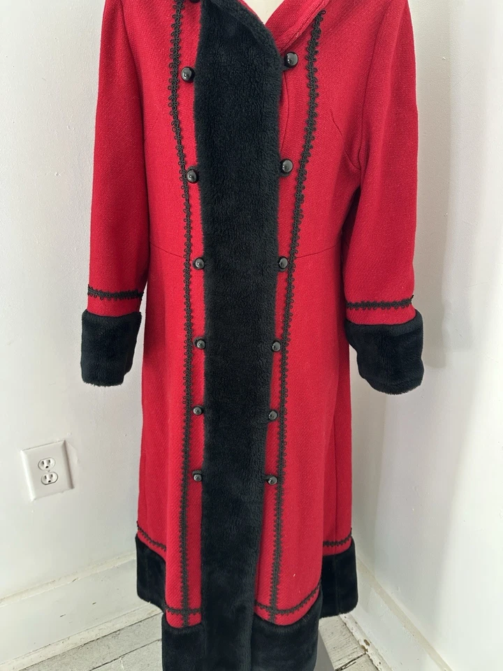 Vintage 60s Sears Red And Black Long Princess Faux Fur Trim Hooded Coat - Image 3 of 4