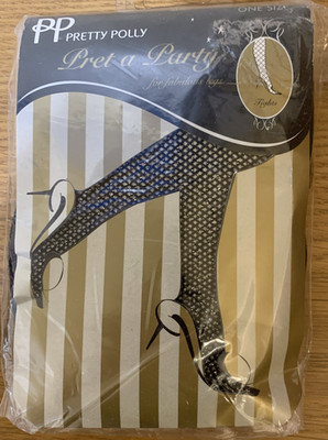 Pretty Polly Pret Party Black Gold Glitter Fishnet Tights Halloween Xmas One Sz