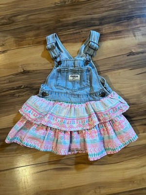 Oshkosh Denim Top Jumper Dress With Colorful Ruffled  Bottom 18 Mos Baby Girl