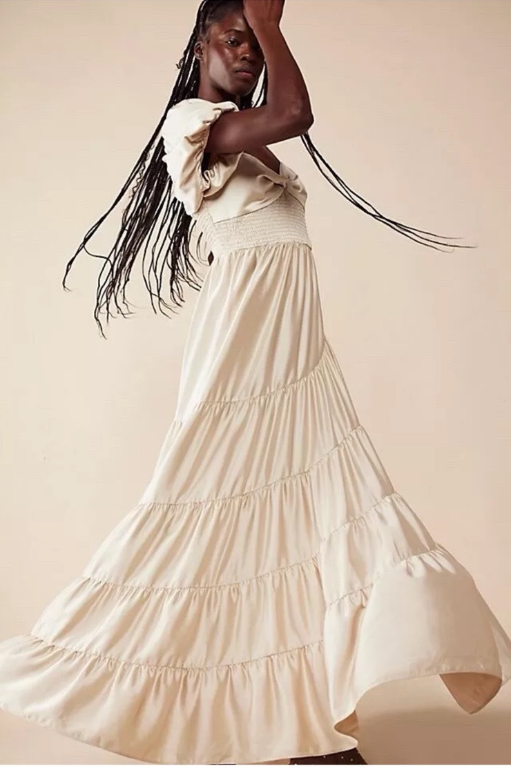 thin flowy dress New Free People Sundrenched Silky Short-Sleeve Maxi L Made-to-order