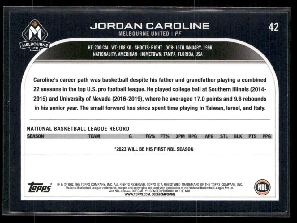 Jordan Caroline 2022-23 Topps #42 - Image 2 of 2