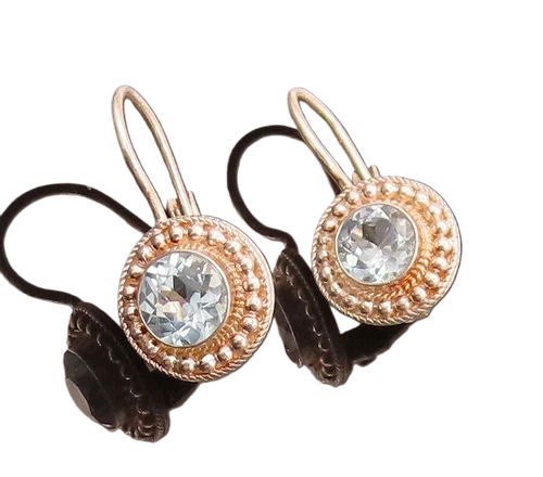 925 Sterling Silver  Vintage Blue Topaz Beaded Halo Drop Earrings  EG12419