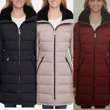 Andrew Marc Ladies Long Stretch Quilted Parka Black Ox Blood XS-2X Hooded Remova
