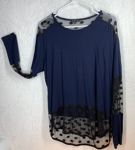 Womens JOIA NYC Size M Navy Long Sleeve Top Shirt Blouse Lace Polka Dot - Picture 2 of 7
