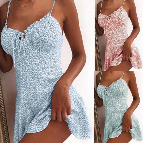 Damen Blumen Boho Sexy Sommer Träger Kleid Damen Urlaub Strand Mini Sommerkleid - Bild 1 von 13