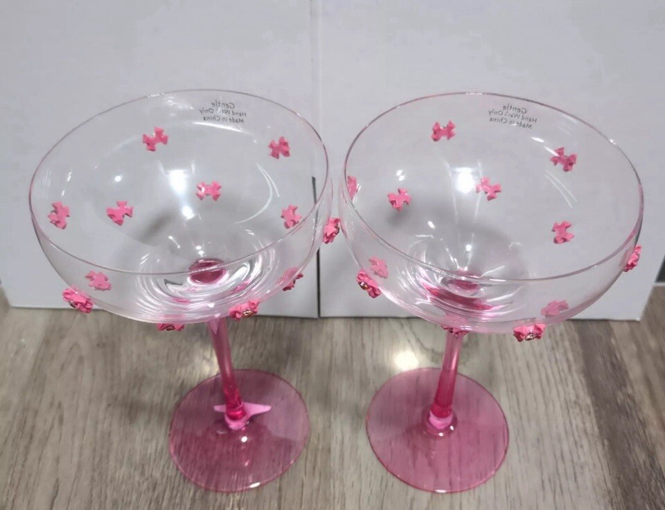 Pink Bow / Bowtie 2 Champagne Wine Stem Glasses TJ Maxx Coquette Viral
