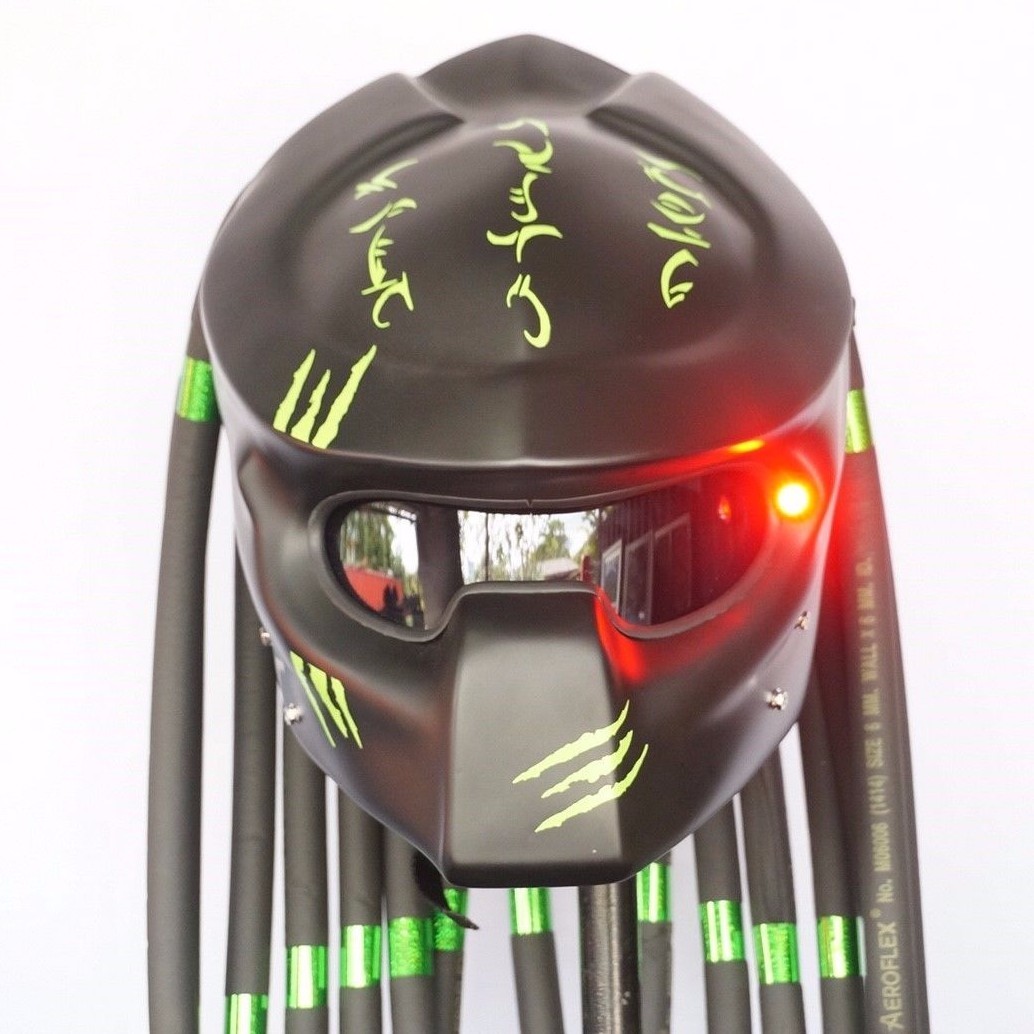 Predator Matt Black Green Open Face Motorcycle Helmet Custom Pro