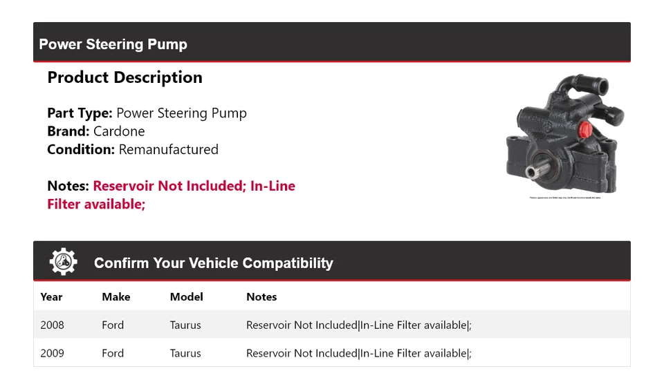 Bomba de dirección asistida Cardone para Ford Taurus 2008-2009 Foto 2 de 4