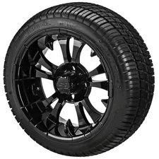 (4) Golf Cart 205/30-12 Deli Low Profile Tire on 12x7 Gloss Black Vampire Wheels