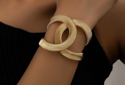 #ad Wide Cuff Gold Tone Bangle Bracelet Snake Design Oval Hinged Woman’s Jewelry New $13.95