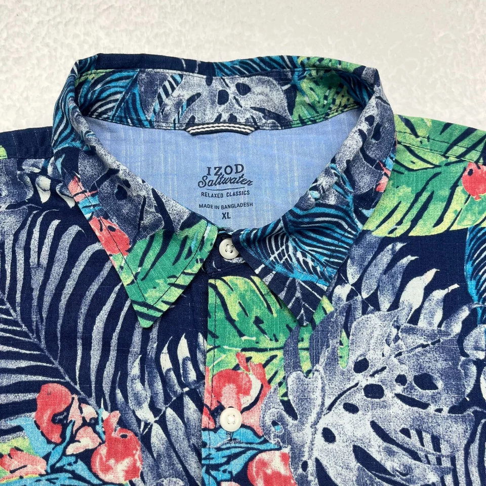 Izod Saltwater Shirt XL Men Blue Short Sleeve Button Up Relaxed Classic Tropical - Image 3 of 4