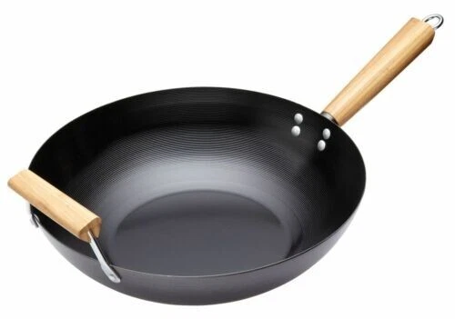Large 35cm Non Stick Carbon Steel Chinese Stir Fry Deep Wok Karahi Saucepan Pan