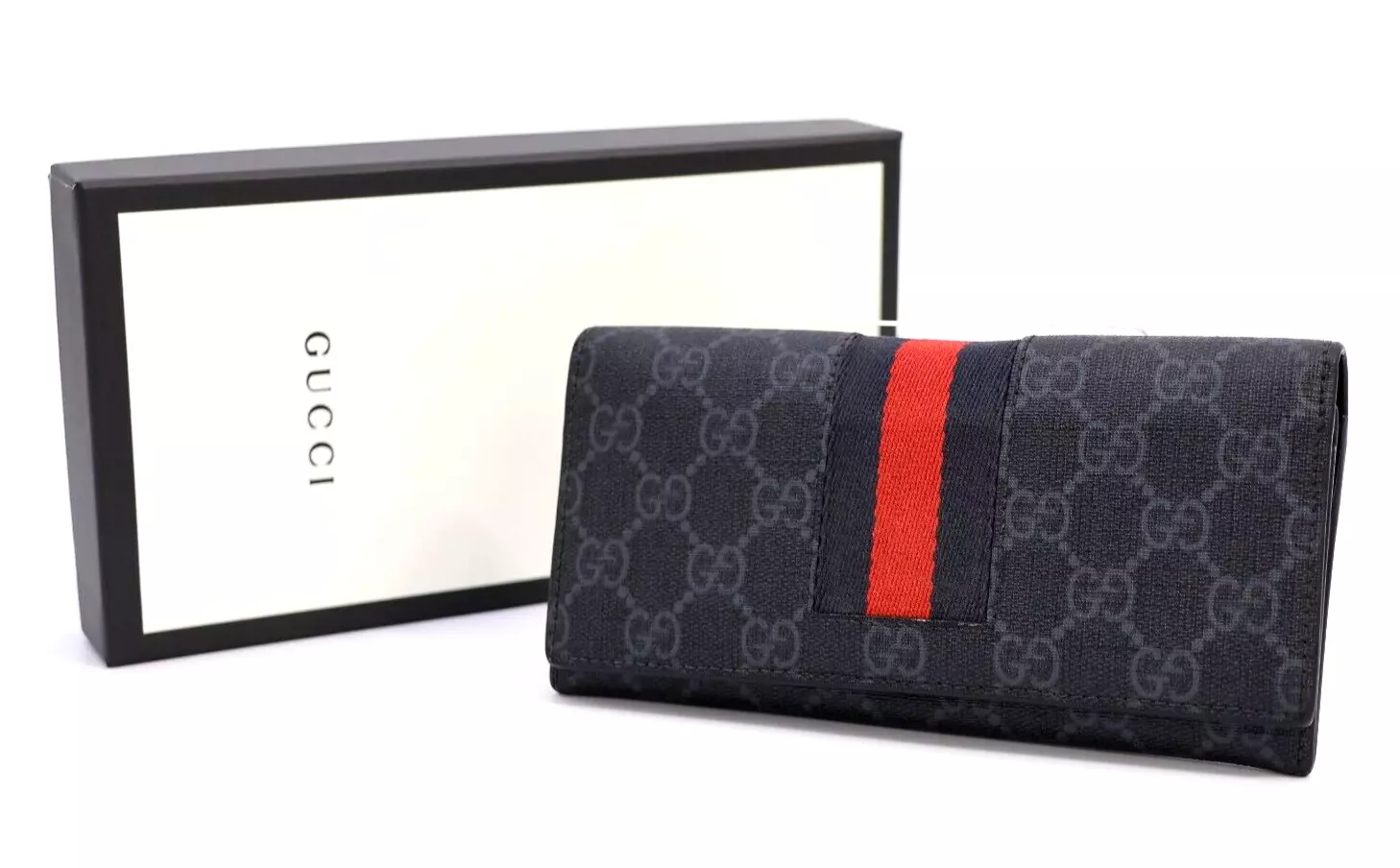 Gucci Portefeuille Long Porte Carte Sherry GG Supreme 408830 PVC Noir Authentique
