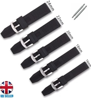 LADIES MEN'S SOFT SPORT BLACK RUBBER DIVER WATCH STRAP BAND 16-18-20-22-24MM 