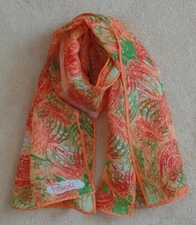 Vintage Paoli contemporary print scarf, orange w/ green, white, & red, 13" x 45"