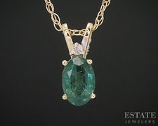 14k Yellow Gold Natural Emerald  Diamond Ladies Necklace 0.9g 18"L i18458