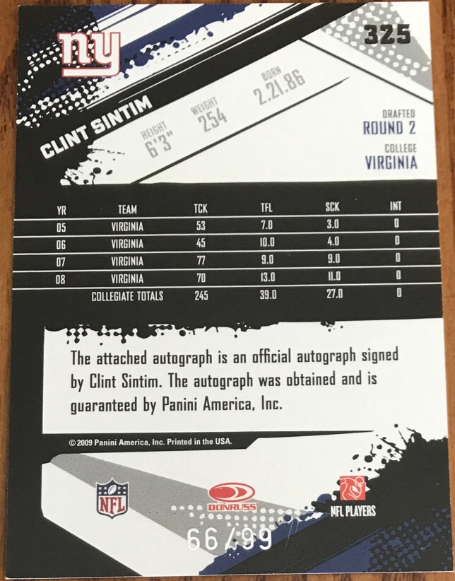 2009 Score Inscriptions Autographs Retail Clint Sintim #325 #’d 66/99 - Image 2 of 2