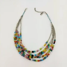 ZAD Necklace 16" Multi-Colored Square Glass And Metal Beads 5-Strand Wire 