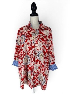 Chaps No Iron Blouse Vivid Red Floral 3/4 Sleeve Contrast Cuff 100% Cotton  2X