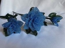 Blue French Beaded Roses   Set of 3 Handmade Everlasting Flowers Long Stem