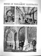 Original Old Antique Print 1880 Grand Staircase House Commons Lobby Members Men