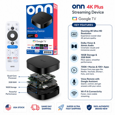 Onn 4K Plus Google TV Streaming Device 16GB 2GB RAM Dolby Vision Atmos Remote