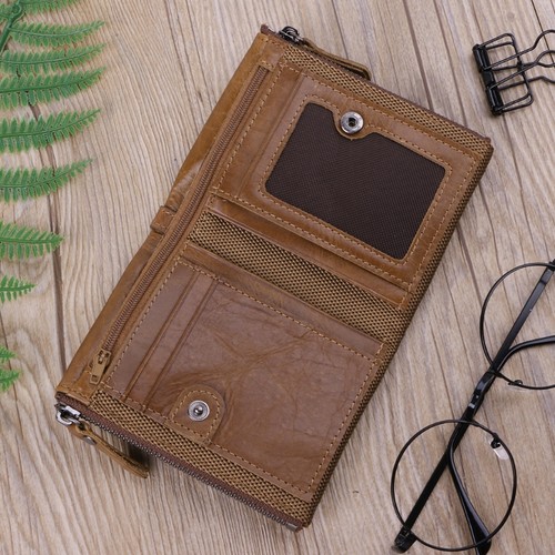 Men Genuine Leather Double Zipper Wallet Cowhide Bifold Coin Purse Card Holder - Picture 5 of 8
