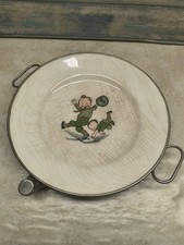 1930s VINTAGE ART DECO CHILD METAL PORCELAIN PLATE w/DOUBLE BOTTOM FOR HEATING