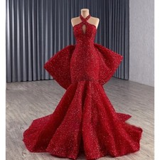 Red Beaded Evening Dresses Corset Detachable Large Bow Trailing Prom Gowns