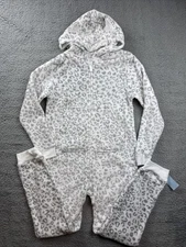 Cat & Jack One Piece Pajamas Girls XL 14 White Gray Leopard Hooded Fleece Kids