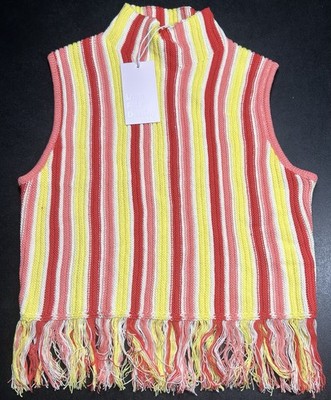 Love Fate Destiny Size M Striped Knit Fringe Mock Neck Sleeveless Tank Top