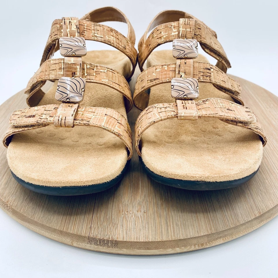 Vionic 琥珀凉鞋女式 11 米色皮革软木矫正露背平底鞋 — 第 3/4 张图片