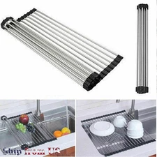 Kitchen Over the Sink Drying Rack Dish Food Drainer Stainless Steel Roll UpBlack