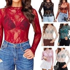 Sheer Mesh T-Shirt for Women See Through Flower Lace Long Sleeve Mock Neck Top