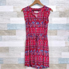 LOFT Sleeveless Cinch Waist Shirt Dress Red Blue Paisley Casual Womens XS