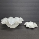 Vtg Fenton Silver Crest Dish Set Ruffled Edge Milk Glass Low Compotes Bowl MCM