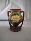 Roseville Water Lily Double Handle Vase Brown with White Flower 174-6