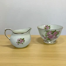Sutherland English Bone China Creamer Open Sugar Bowl Set PEACH BLOSSOM Vintage