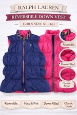 Ralph Lauren Girls Reversible Down Puffer Vest Navy Pink XL 16 Sleeveless