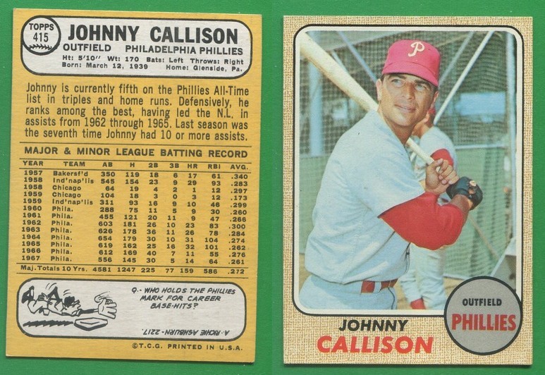 1968 Topps Baseball ~~~ JOHNNY CALLISON ~~~ No. 415 ~~~ Free S/H