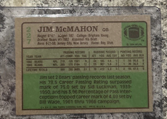 JIM MCMAHON EAGLES CHICAGO BEARS 1984 TOPPS AUTOGRAPHED SIGNED CARD #227 TTM - Image 2 of 2