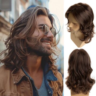 Synthetic Long Curly Wave Brown Wig for Men Daily Cosplay Rock
