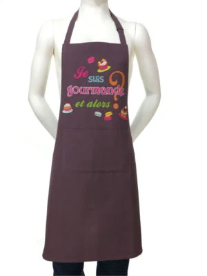 TORCHONS BOUCHONS 100% Cotton French Apron I love to eat so what? Egpplant - Made In France