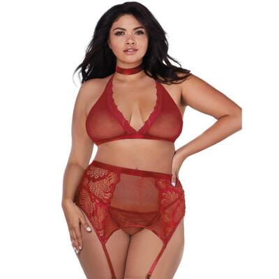 Sexy Dessous Erotik Reizwäsche Strapse Set sinnlich Rot XL- 3XL durchsichtig ''X7