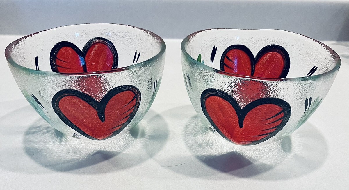 2 - KOSTA BODA Art Glass FLOATING HEARTS HAND PAINTED Signed UHV