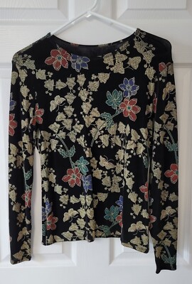 GWheels Women's Size Small Long Sleeve Shirt Black with Gold Leaves Floral Print