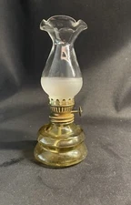 Vintage 7” Oil Lamp Frosted Chimney “ANGEL LAMP”  Greenish Yellow