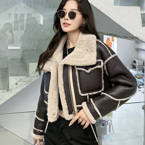 Women Real Lamb Fur Jackets Winter Shearling Coats Crop Leather Biker Jacket - Picture 15 of 21
