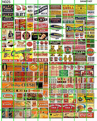 N025 DAVE'S DECALS N SCALE BEER GAS & OIL SODA COLA ASSORTED STORE SIGNS MIXTURE